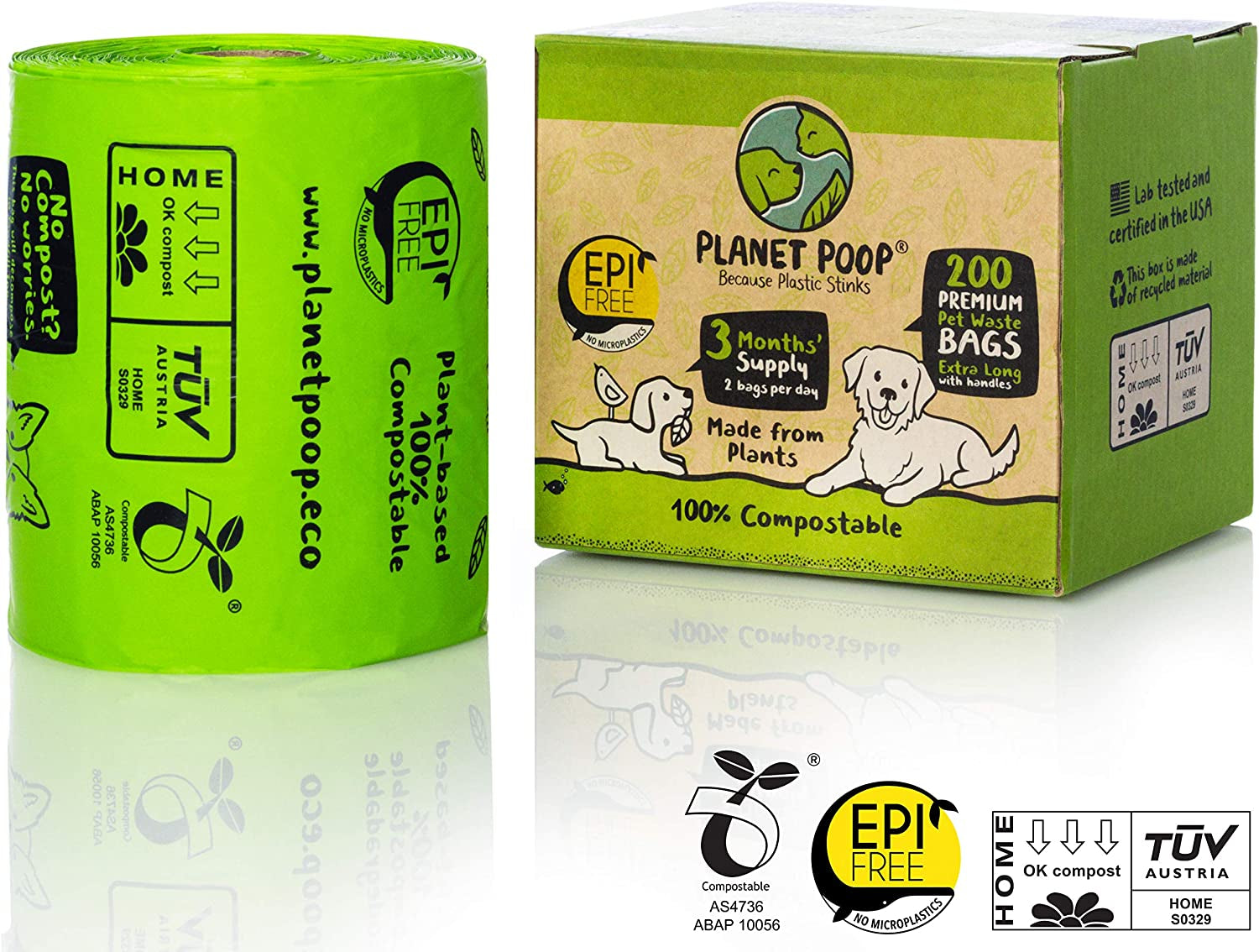Home Compostable Dog Poop Bags Extra Long with Handles | Large Single Roll 200 Grab & Go | Un-Scented Dog Waste Bag | Leakproof Doggy & Cat Bags | Plant-Based Pet Supplies