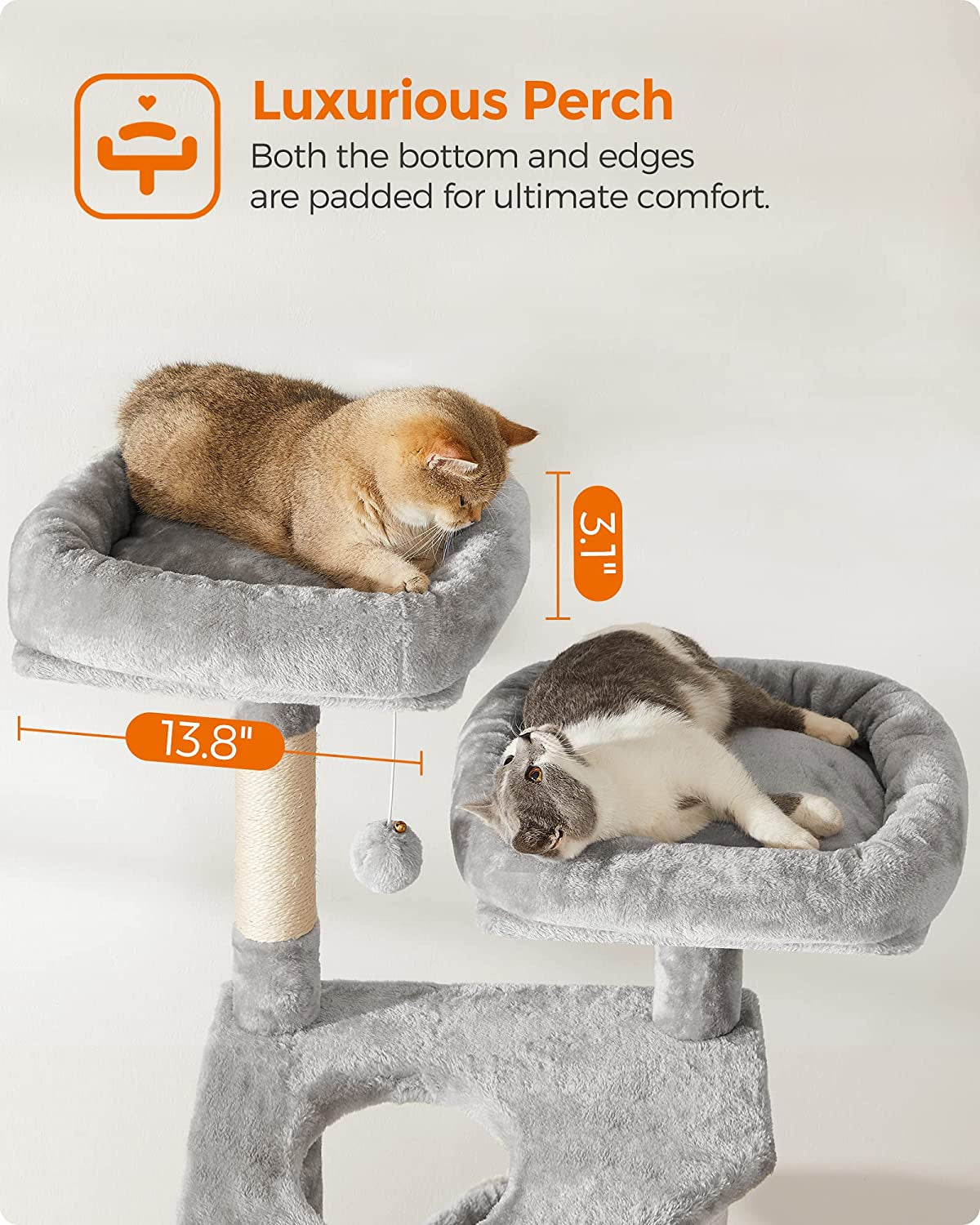 Cat Tree, Cat Tower for Indoor Cats, 55.9-Inch Cat Condo with Scratching Posts, 2 Plush Perches, Basket, Large Cat Cave, Ramp, Cat Activity Center, Light Gray UPCT160W01
