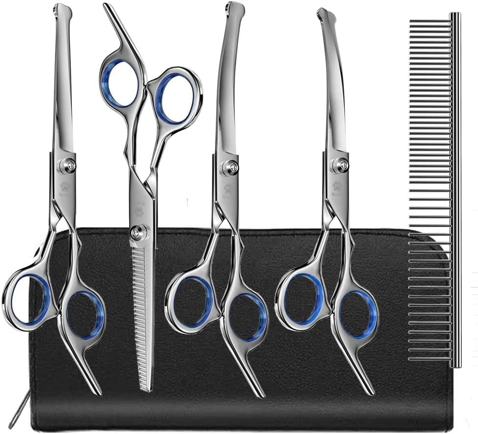 Dog Grooming Scissors Set with Safety round Tip, Titanium Coated Curved, Thinning and Straight Pet Grooming Scissors Kit for Dogs and Cats.