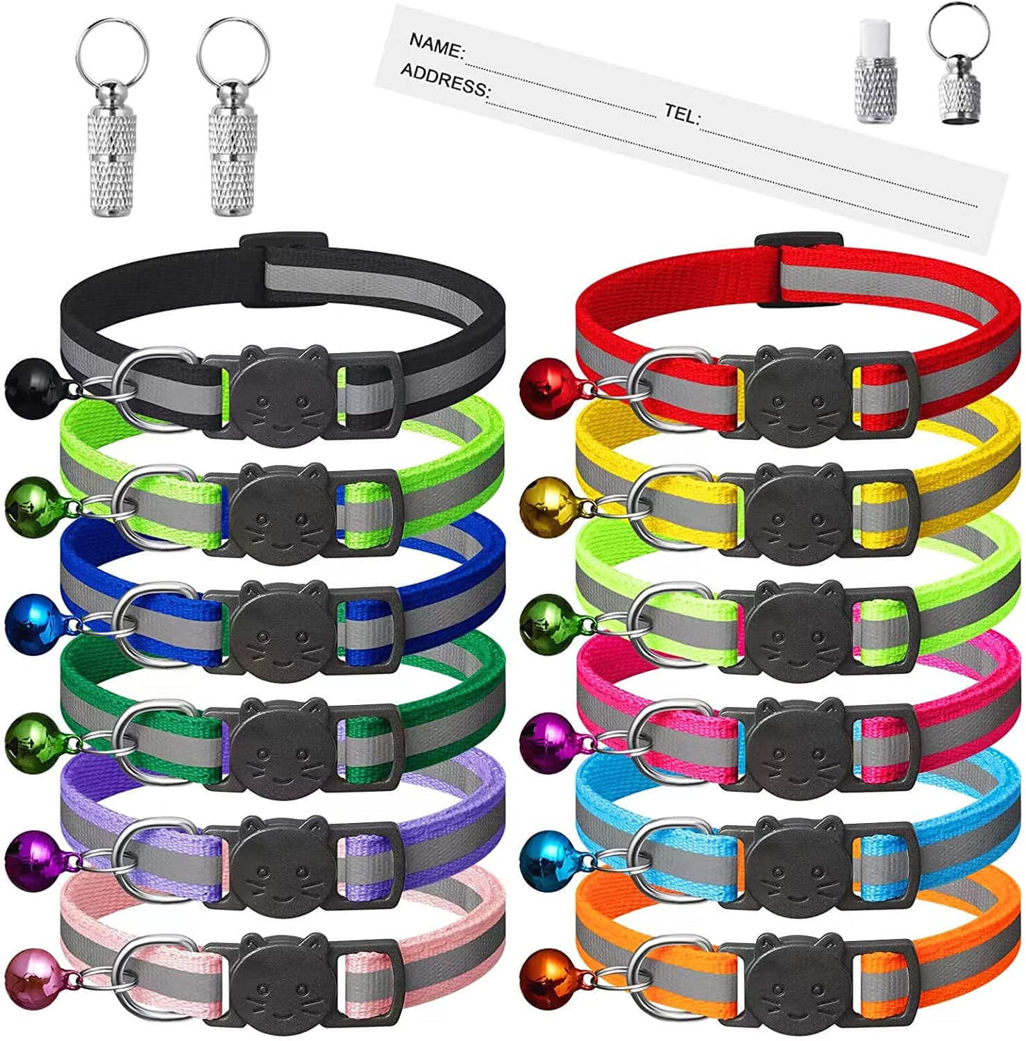 14 Pack Reflective-Breakaway Cat Collars with Bells,Safety Buckle Kitten Collar,With Name Tag,Adjustable,Ideal for Girl Cats Male Cats,Pet Supplies,Stuff,Accessories(12 Colors & 2 ID Tags)