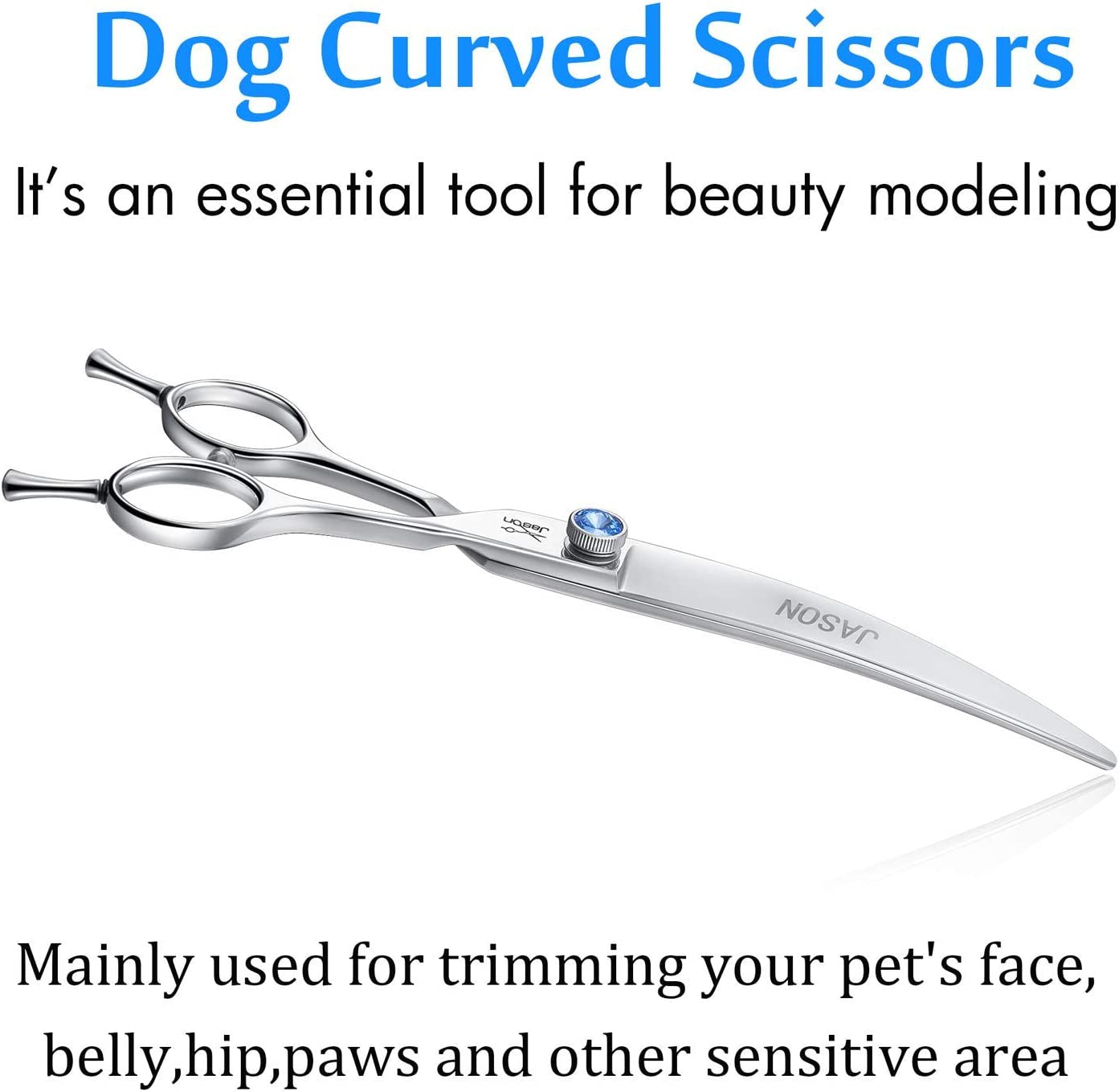 7" Curved Dog Grooming Scissors, Ergonomic Pets Cats Trimming Shears with Offset Handle and a Jewelled Screw for Right Handed Groomers, Sharp, Comfortable, Light-Weight