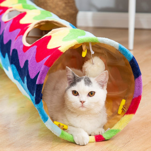 LUCKITTY Cat Tunnel -Straight-Shaped, Rainbow Wave Color, Soft Velvet Exterior, Oxford Fabric Fog-Proof Interior, Plush Toy Ball, Easily Washable, Conveniently Foldable, 47.2In/120Cm