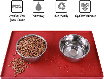 Dog Feeding Mat,Silicone Pet Food and Water Bowl Placemat,Dishwasher, High Raised Edge to Prevent Spills,Nonslip Waterproof Tray to Stop Messes on Floor (19"X12"X0.5", Red)
