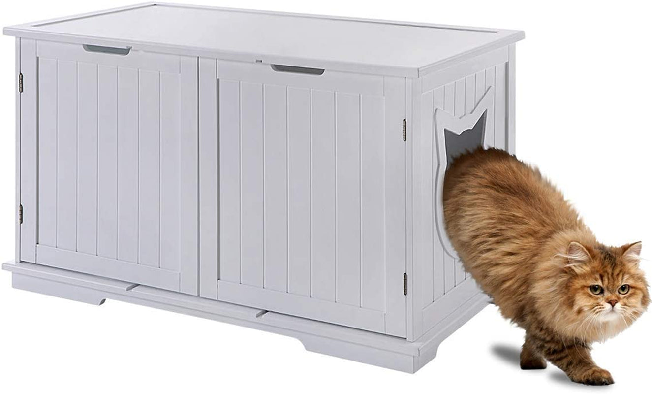 X-Large Designer Cat Washroom Storage Bench Cat Litter Box Enclosure Furniture Box House with Table (White)