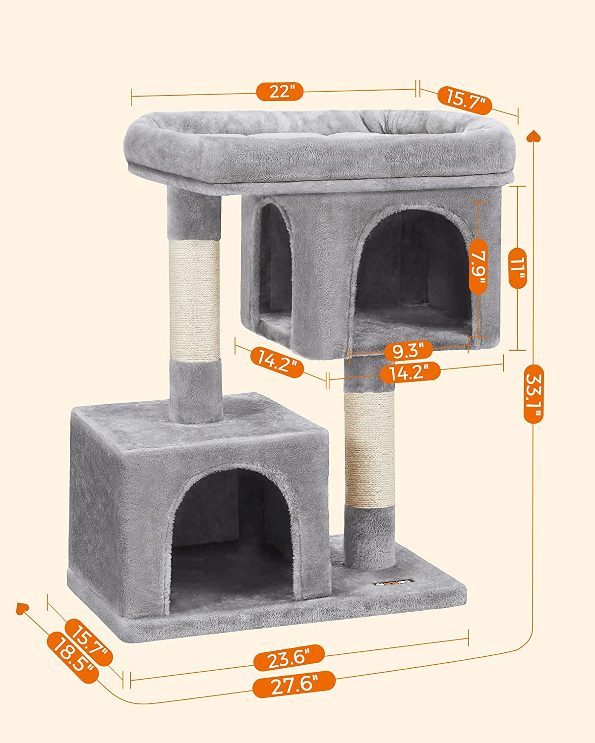 Cat Tree, 33.1-Inch Cat Tower, L, Cat Condo for Large Cats up to 16 Lb, Large Cat Perch, 2 Cat Caves, Scratching Post, Light Gray UPCT61W