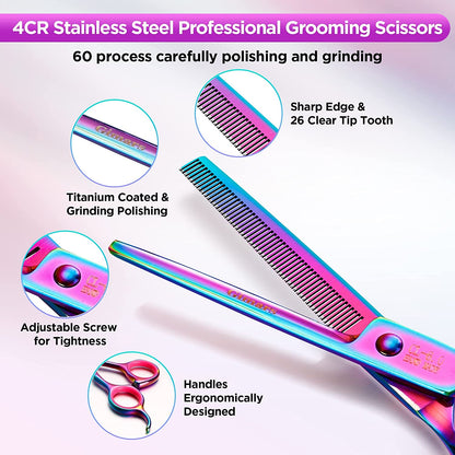 Professional 4CR Stainless Steel 6 in 1 Grooming Scissors for Dogs with Safety round Tip, Heavy Duty Titanium Coated Pet Grooming Scissor for Dogs, Cats and Other Animals