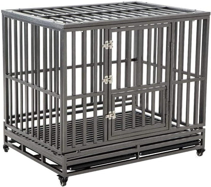 46” Heavy Duty Dog Crate Large Dog Cage Metal Dog Kennels and Crates for Large Dogs Indoor Outdoor with Locks, Lockable Wheels and Removable Tray, Easy to Install, Black