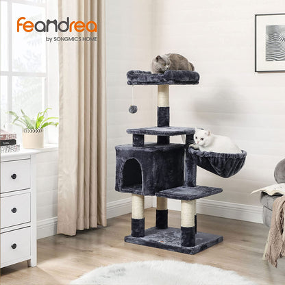 Multi-Level Cat Tree with Cat Cave, Basket Lounger, Padded Perch, Cat Tower, Stable and Safe Plush Cat Condo with Sisal Posts for Kitten, Old Cat, Chubby Cat, Smoky Gray UPCT052G01