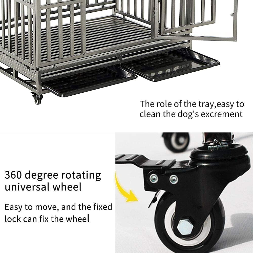 46” Heavy Duty Dog Crate Large Dog Cage Metal Dog Kennels and Crates for Large Dogs Indoor Outdoor with Locks, Lockable Wheels and Removable Tray, Easy to Install, Black