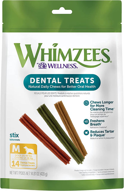 WHIMZEES by Wellness Stix Natural Dental Chews for Dogs, 3X Longer Lasting & Grain-Free, Freshen Breath & Fight Plaque & Tartar, Medium Breed, 14 Count