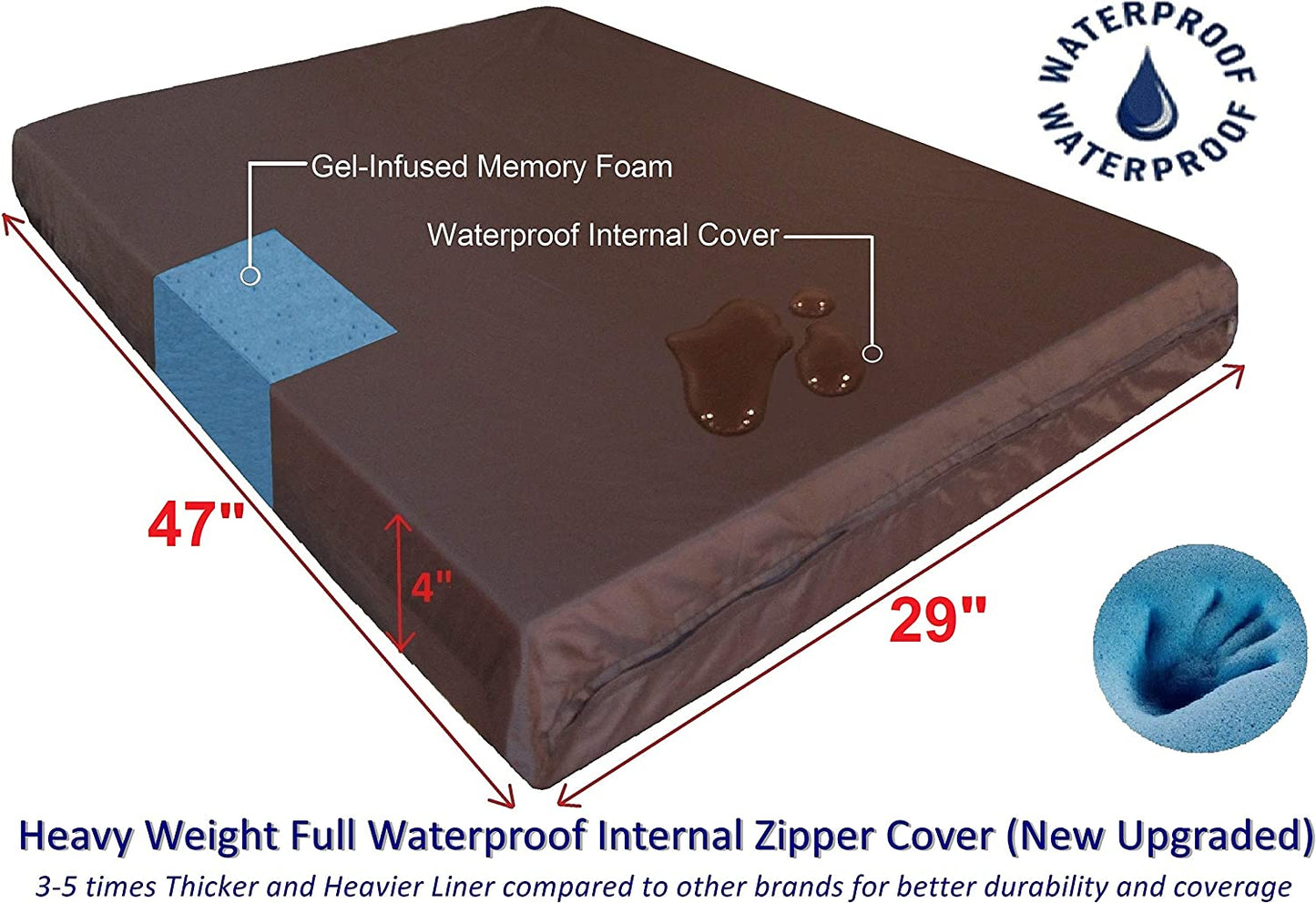 Extra Large True Orthopedic Gel Memory Foam Dog Bed, Waterproof Liner and Durable Brown Cover, XL 47X29X4 Inch Fit 48"X30" Crate