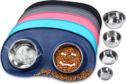 Dog Bowl Stainless Steel Cat Puppy Food and Water Bowls with Wider Non Skid Spill Proof Silicone Mat, Navy Blue