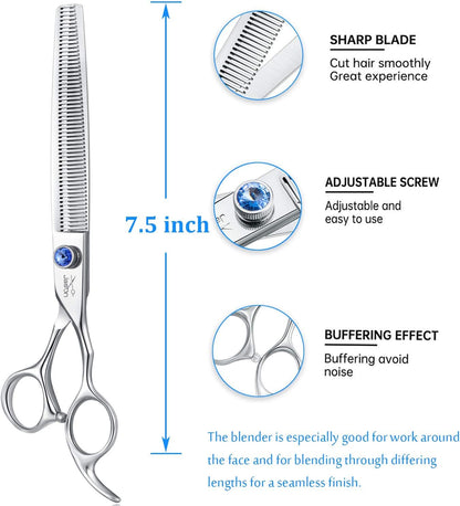 7.5" 56-Tooth Blending Dogs Grooming Scissors Cats Thinning Shears Pets Blender Thinner Trimming Texturizing Kit with Offset Handle Blue Jewelled Screw (7.5 Inch)