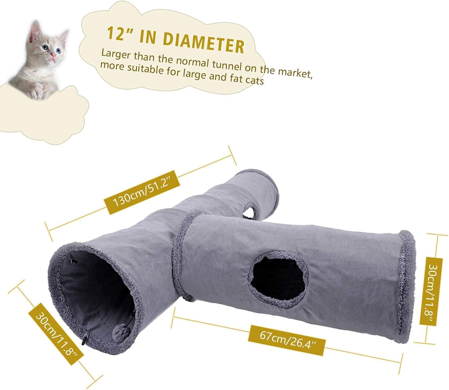 Collapsible Cat Tunnel, Cat Toys Play Tunnel Durable Suede Hideaway Pet Crinkle Tunnel with Ball S