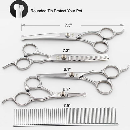 Dog Grooming Scissors Kit with round Tip, Set of 5 Cat Dog Scissors, Stainless Steel Pet Grooming Shears, Straight, Curved, Thinning Shears, Comb for Full Body, Face, Nose, Ear & Paw