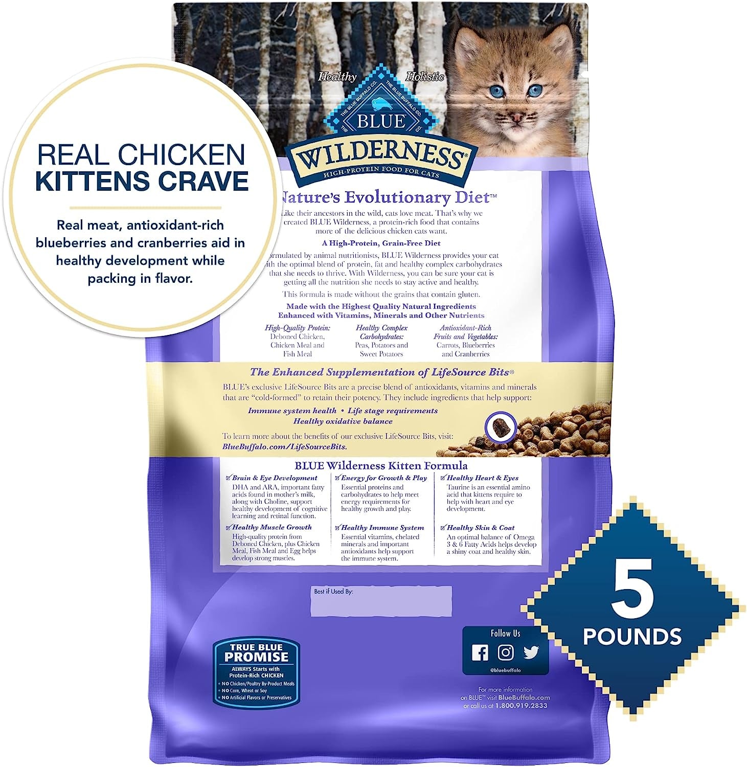 Blue Buffalo Cat Food for Kittens, Natural Chicken Recipe, High Protein, Dry Cat Food, 5 Lb Bag