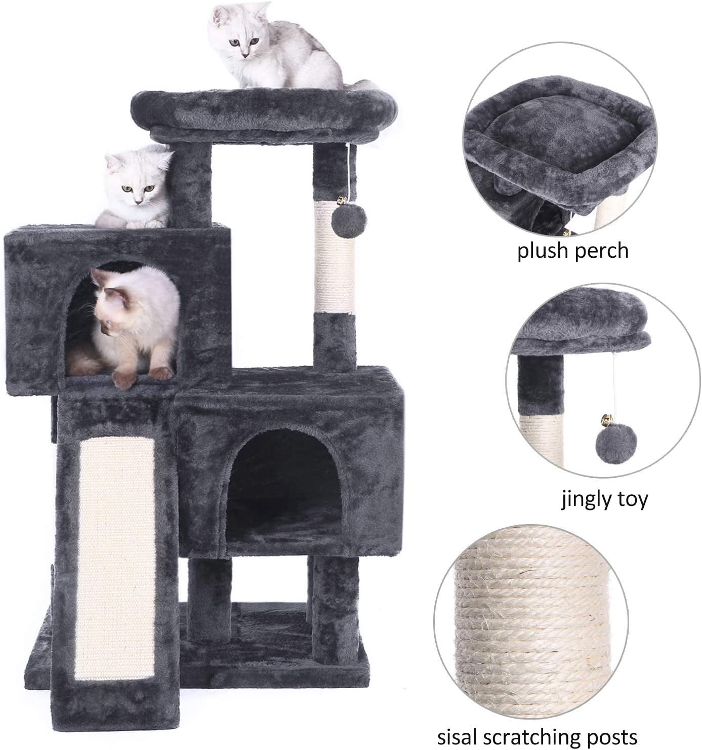 Cat Tree Condo with Sisal Scratching Posts, Scratching Board, Plush Perch and Dual Houses, Cat Tower Furniture Kitty Activity Center Kitten Play House, Grey MMJ10B