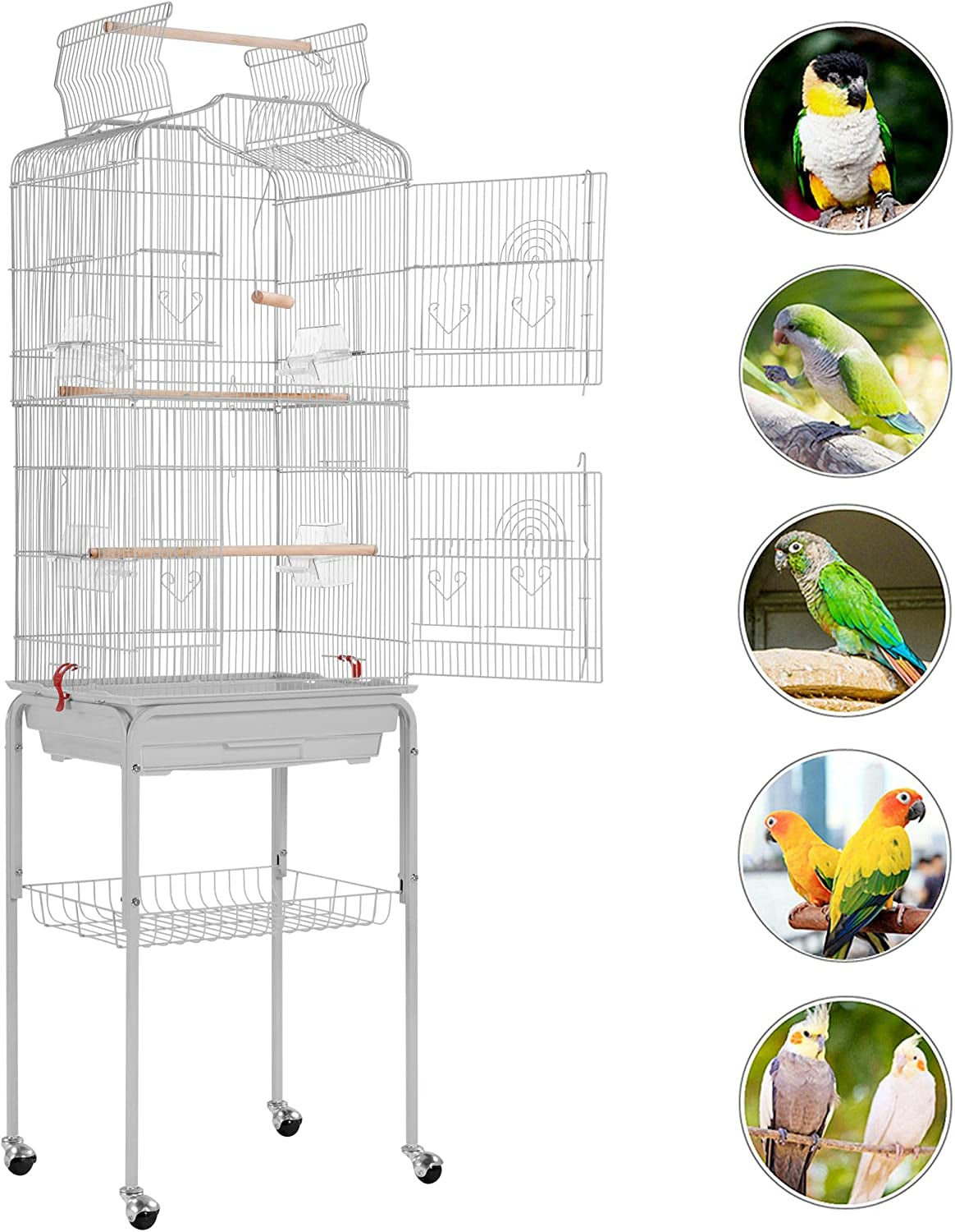 64Inch Height Open Top Bird Cage Metal Parrot Cage W/Detachable Rolling Stand for Medium Small Parrot Parakeet Birds