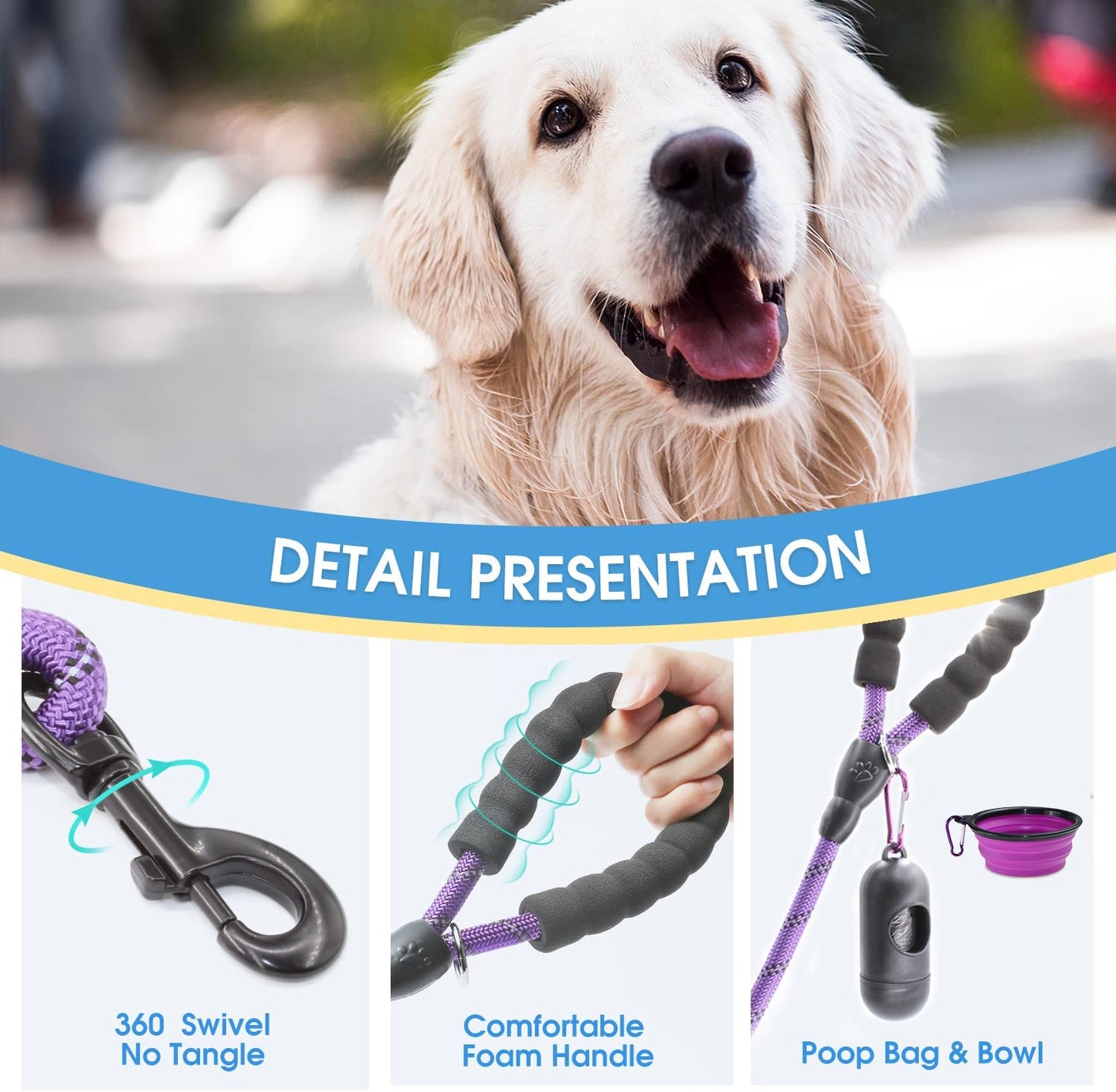 BAAPET 2 Packs 5/6 FT Dog Leash with Comfortable Padded Handle and Highly Reflective Threads Dog Leashes for Small Medium and Large Dogs (5FT-1/2'', Black+Purple)