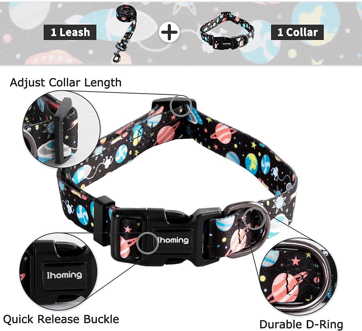 Dog Collar and Leash Set for Daily Outdoor Walking Running Training, Space Design for Small Boys Girls Dogs Cats Pets, S-Up to 20LBS