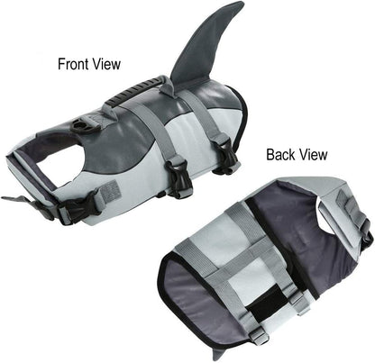 Dog Life Jacket Ripstop Shark Dog Safety Vest Adjustable Preserver with High Buoyancy and Durable Rescue Handle for Small,Medium,Large Dogs, Grey Shark Large
