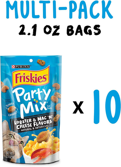 Purina Friskies Made in USA Facilities Cat Treats, Party Mix Lobster & Mac 'N' Cheese Flavors - (10) 2.1 Oz. Pouches
