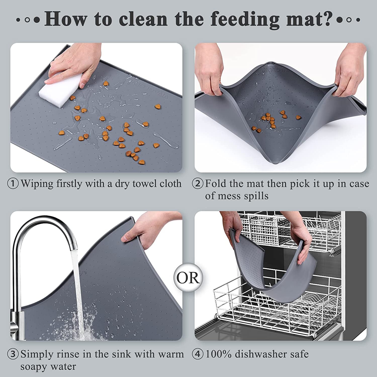 24" L X 16" W Dog Feeding Mat, Waterproof Non-Slip Pet Silicone Food Mat Cat Dog Stainless Steel Water Bowl Placemat Anti-Messy Design, Grey