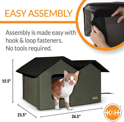K&H Pet Products Outdoor Heated Cat House Extra-Wide Olive/Black 26.5 X 15.5 X 21.5 Inches
