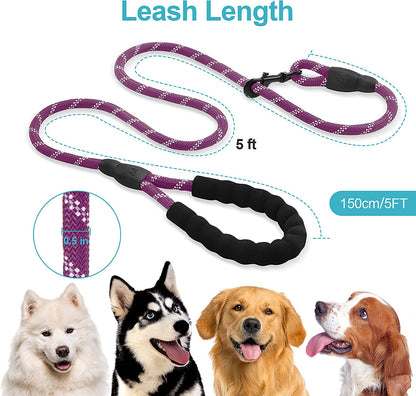 5Ft 1/2In Strong Purple Dog Leash for Large Dogs & Medium Size Dogs - Highly Reflective Heavy Duty Dog Rope Leash with Soft Padded Anti-Slip Handle- for 18-120 Lbs Dogs