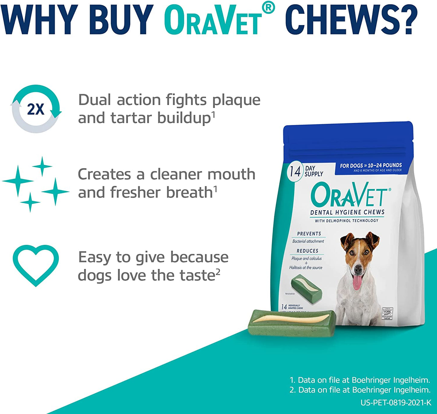 ORAVET Dental Chews for Dogs, Oral Care and Hygiene Chews (Small Dogs, 10-24 Lbs.) Blue Pouch, 14 Count