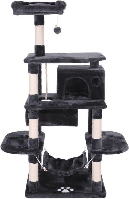 Cat Tree Condo Furniture Kitten Activity Tower Pet Kitty Play House Playground with Sisal Scratching Posts Perch Hammock Tunnel Grey MMJ02H