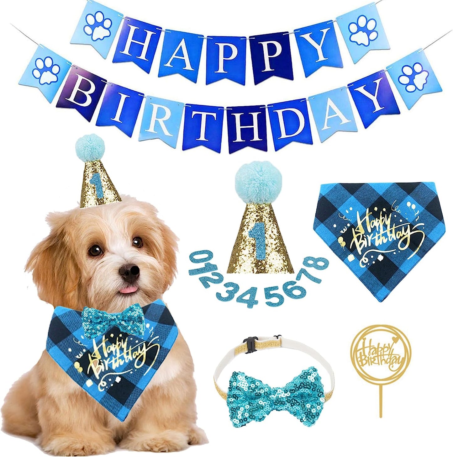 Dog Birthday Boy Bandana - Dog 1St Birthday Party Supplies - Dog 1St Birthday Hat Scarf Happy Birthday Banner Dog Boy First Birthday Outfit for Dogs Pets (Blue Hat&Scarf&Collar&Banner)