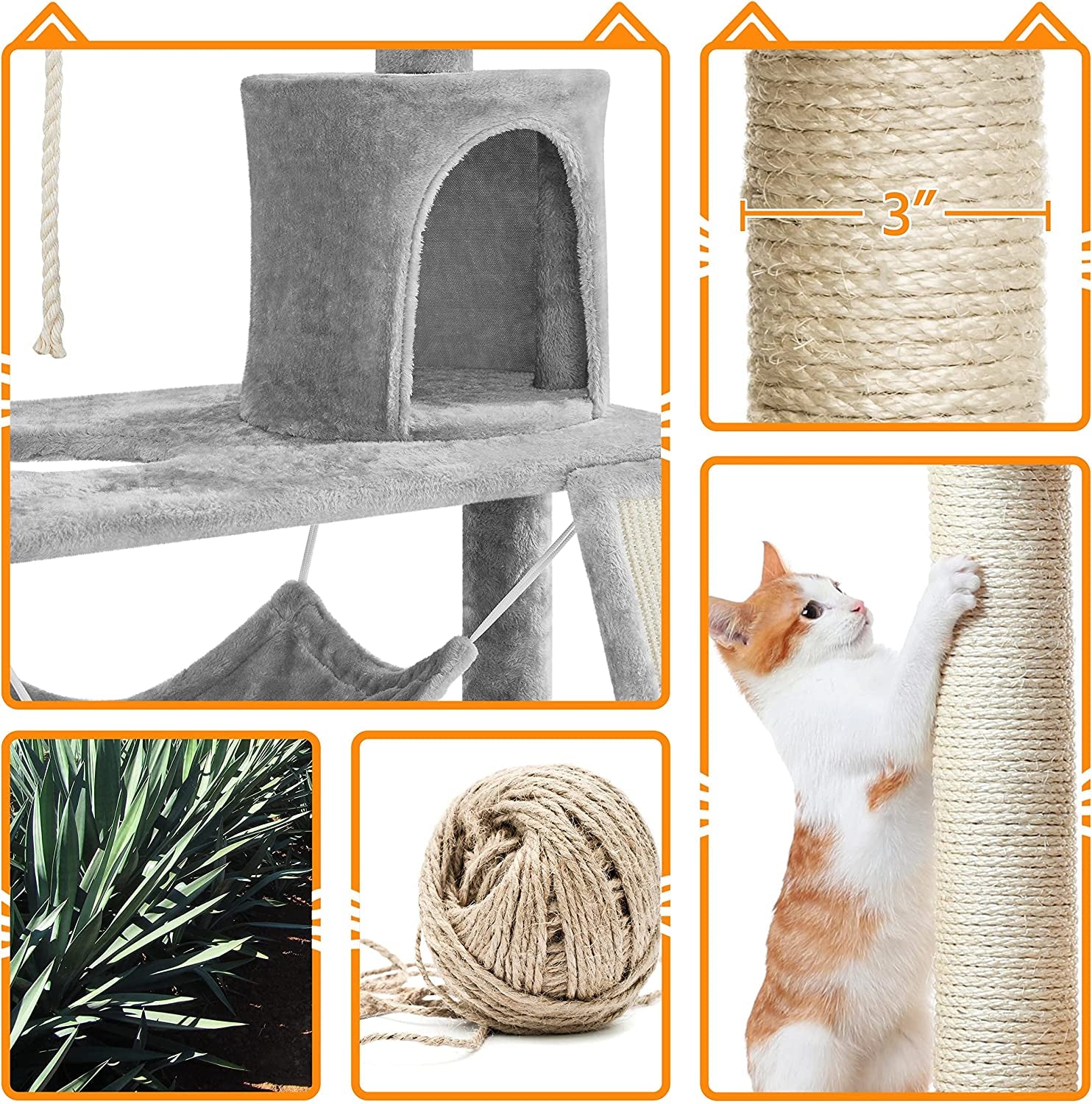 63.5In Multi-Level Cat Tree Tower Condo with Scratching Posts, Platform & Hammock, Cat Activity Center Play Furniture for Kittens, Cats, and Pets