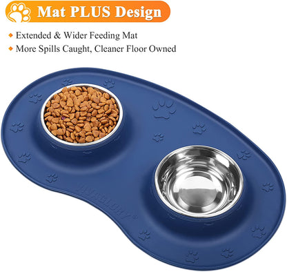 Dog Bowl Stainless Steel Cat Puppy Food and Water Bowls with Wider Non Skid Spill Proof Silicone Mat, Navy Blue