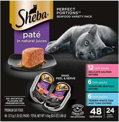 SHEBA PERFECT PORTIONS Paté Adult Wet Cat Food Trays (24 Count, 48 Servings), Signature Seafood Entrée, Easy Peel Twin-Pack Trays