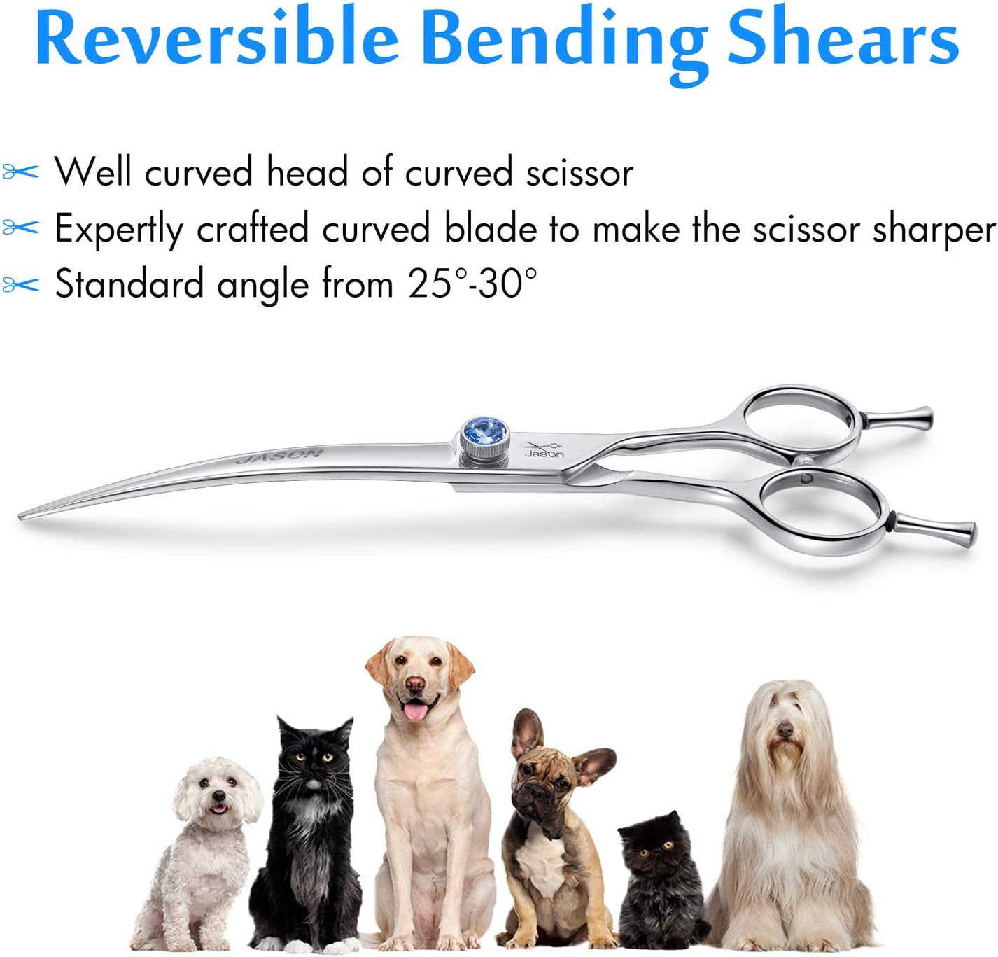 7" Curved Dog Grooming Scissors, Ergonomic Pets Cats Trimming Shears with Offset Handle and a Jewelled Screw for Right Handed Groomers, Sharp, Comfortable, Light-Weight