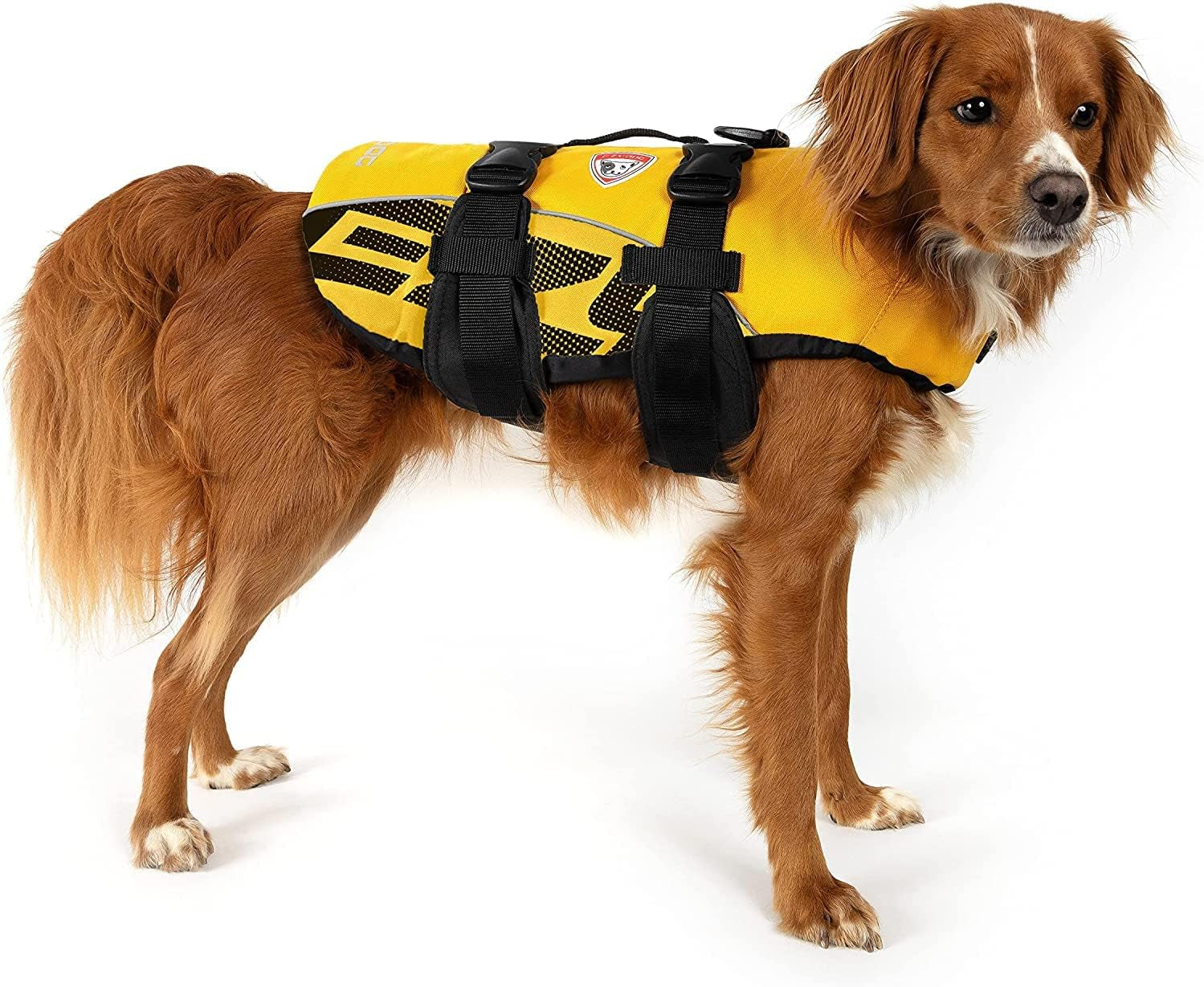 Ezydog Premium Doggy Flotation Device (DFD) - Adjustable Dog Life Jacket Preserver with Reflective Trim - Durable Grab Handle for Safety and Protection - 50% More Flotation Material (Medium, Yellow)