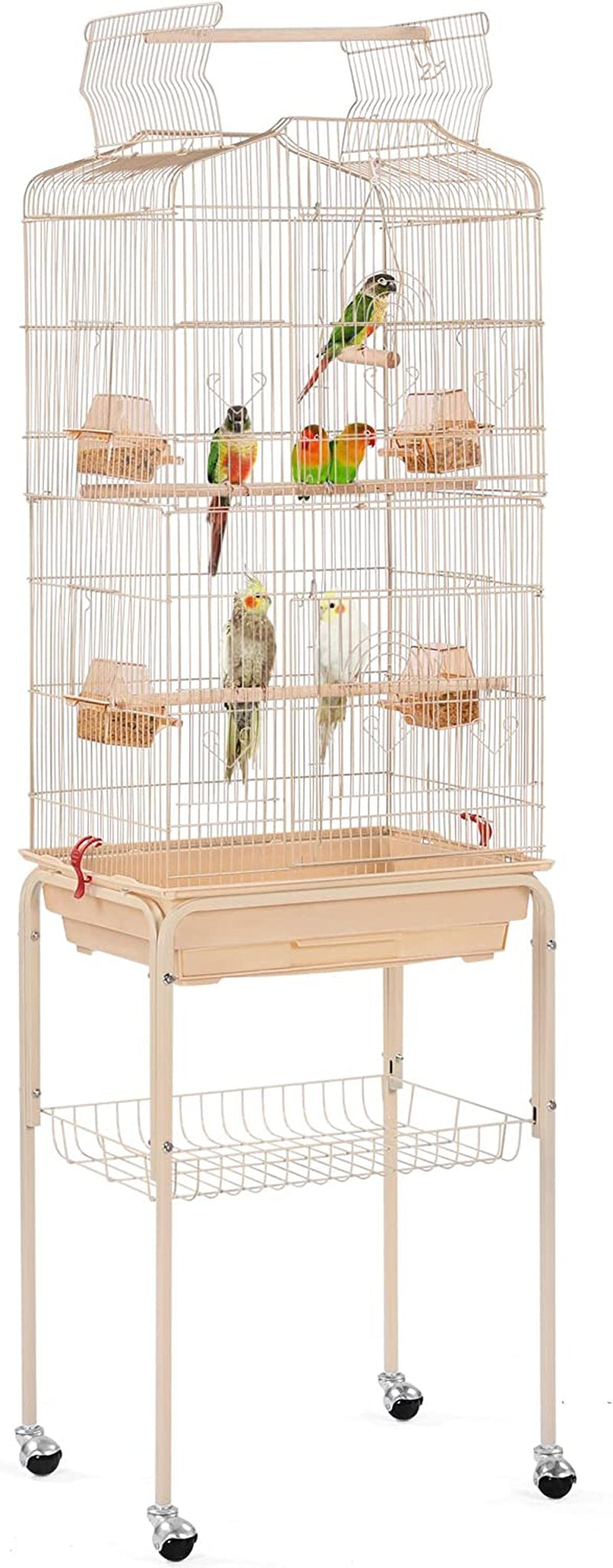 64’’ H Open Top Metal Medium Small Parrot Parakeet Bird Cage W/Double Doors, Slide-Out Tray & Detachable Rolling Stand