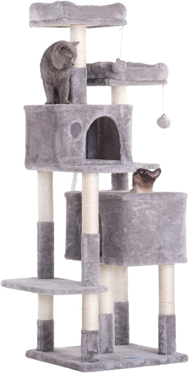 Hey-Bro 60 Inches Large Multi-Level Cat Tree Condo Furniture with Sisal-Covered Scratching Posts, 2 Plush Condos, 2 Plush Perches, for Kittens, Cats and Pets, Light Gray MPJ012W