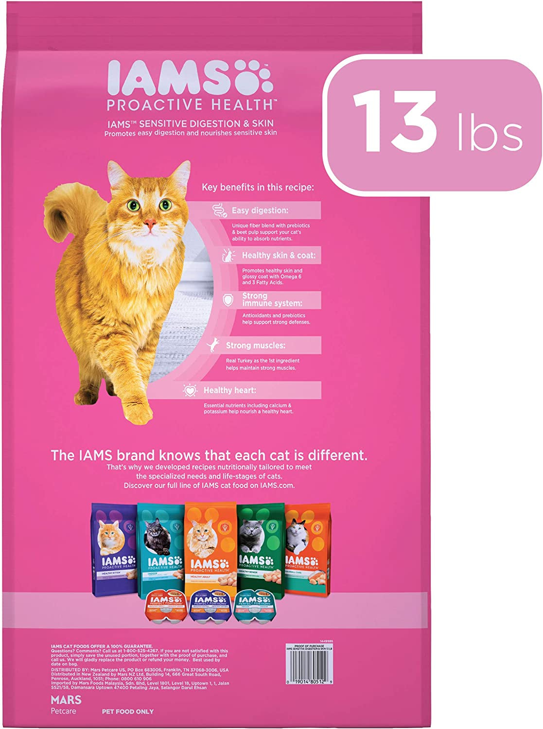 IAMS PROACTIVE HEALTH Adult Sensitive Digestion & Skin, Dry Cat Food with Turkey Cat Kibble, 13 Lb. Bag