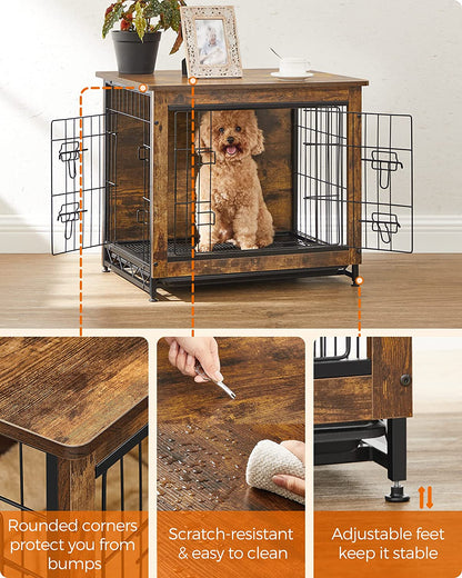 Dog Crate Furniture, Side End Table, Modern Kennel for Dogs Indoor up to 30 Lb, Heavy-Duty Dog Cage with Multi-Purpose Removable Tray, Double-Door Dog House, Rustic Brown UPFC001X01