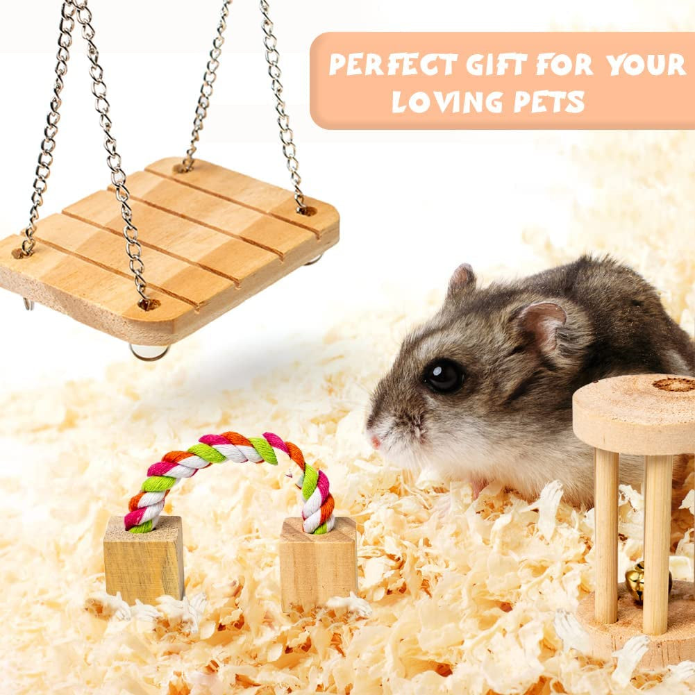 Hamster Chew Toys Set Natural Wooden Hamster Toys and Accessories for Cage Guinea Pig Chew Toys for Teeth Small Animal Toys Syrian Hamster Rats Chinchillas Gerbils Hamster Swing Seesaw