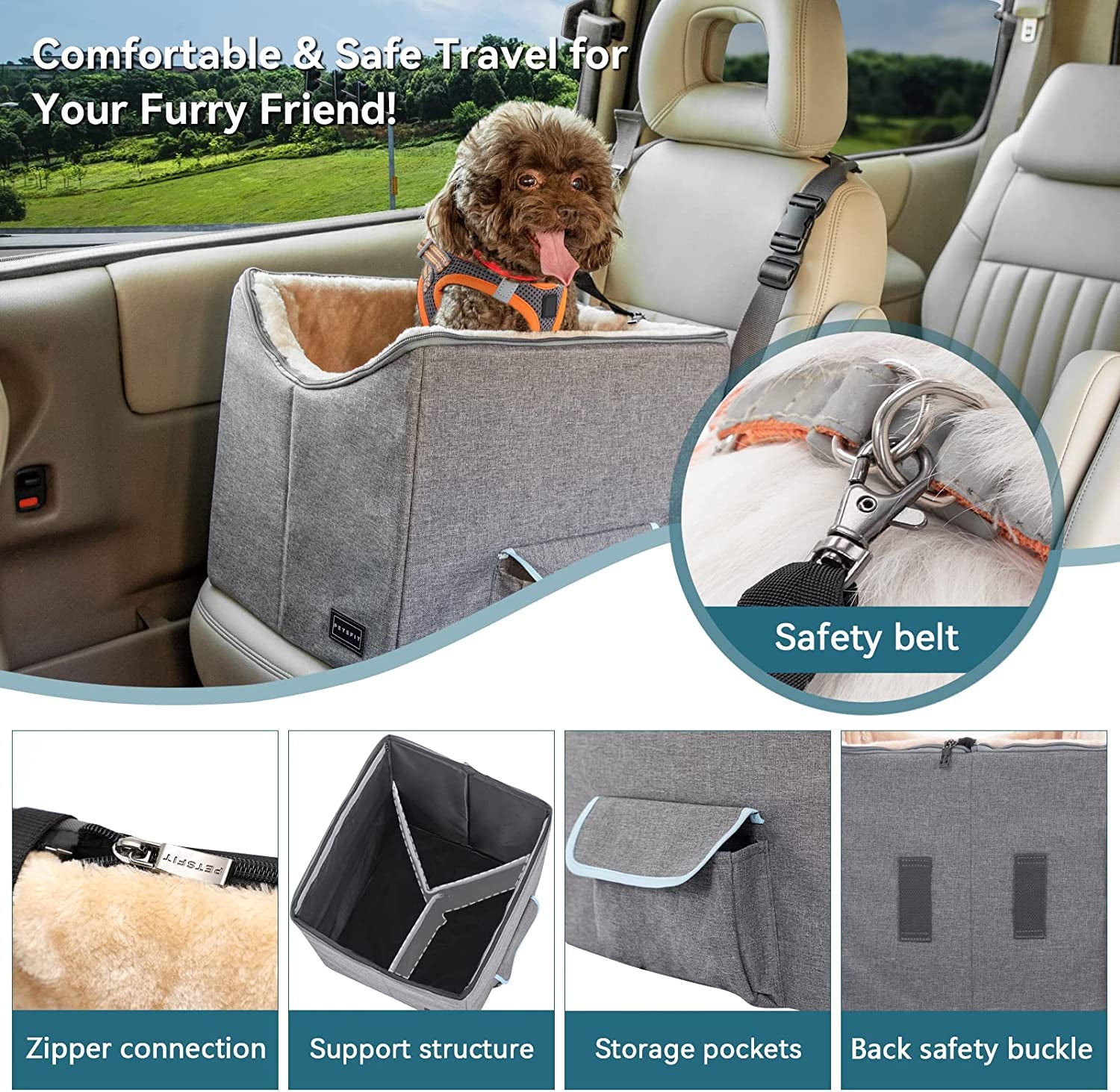 Small Dog Car Seat, Pet Travel Car Booster Seat with Safety Belt, Washable Double-Sided Cushion and Storage Pocket for Small Pet (Small, Light Grey)