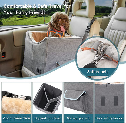 Small Dog Car Seat, Pet Travel Car Booster Seat with Safety Belt, Washable Double-Sided Cushion and Storage Pocket for Small Pet (Small, Light Grey)