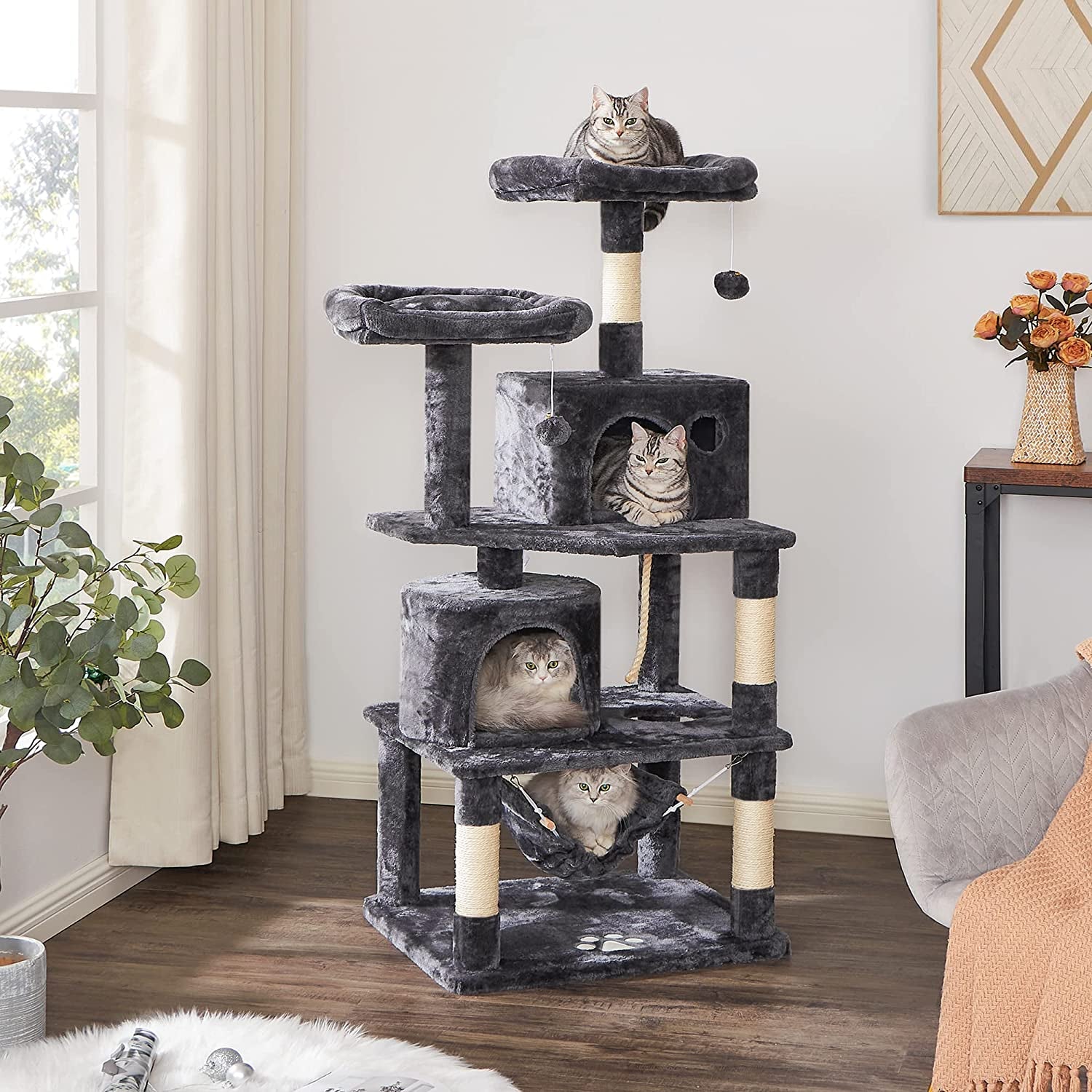 Cat Tree Condo Cat Tower for Indoor Cats Kitten Furniture Activity Center Pet Kitty Play House with Sisal Scratching Posts Perches Hammock Grey MMJ01B