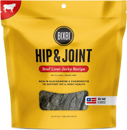 BIXBI Hip & Joint Support Beef Liver Jerky Dog Treats, 12 Oz - USA Made Grain Free Dog Treats - Glucosamine, Chondroitin for Dogs - High in Protein, Antioxidant Rich, Whole Food Nutrition, No Fillers