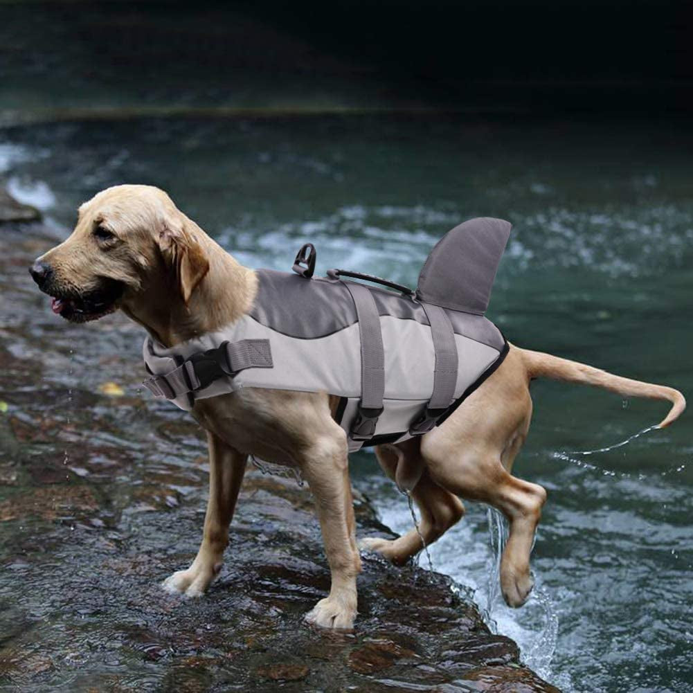 Dog Life Jacket Ripstop Shark Dog Safety Vest Adjustable Preserver with High Buoyancy and Durable Rescue Handle for Small,Medium,Large Dogs, Grey Shark Large