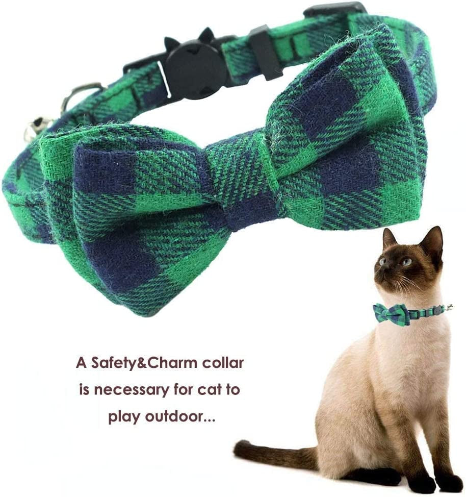 Cat Collar Breakaway with Bell and Bow Tie, Plaid Design Adjustable Safety Kitty Kitten Collars(6.8-10.8In) (Green Plaid)