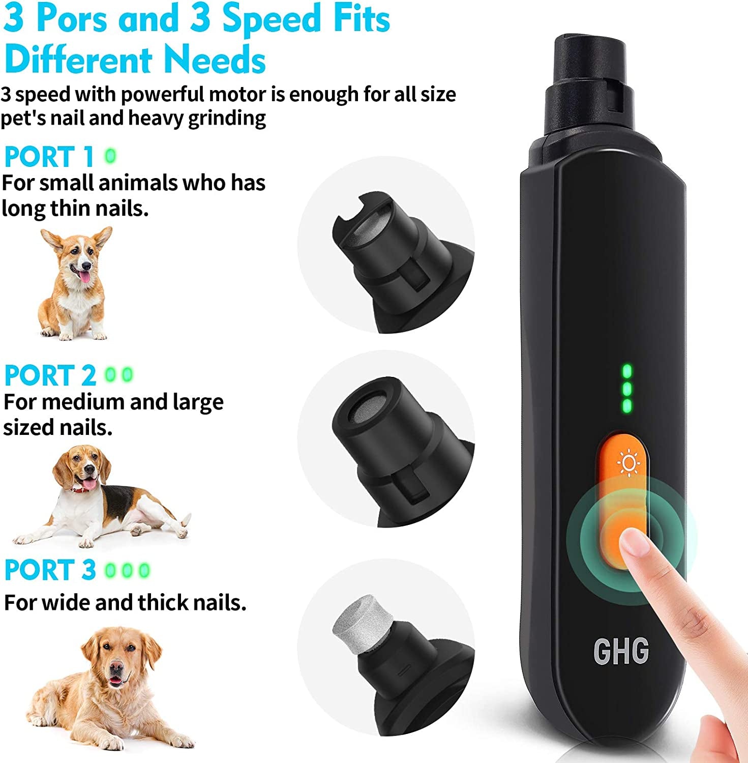 Dog Nail Grinder Upgraded - Professional Dog Nail Trimmers Rechargeable, Dog Nail Clipper for Small Medium Large Dogs Quiet, 3-Speed Pet Nail Grinders Trimmer with LED Light, Super Low Noise