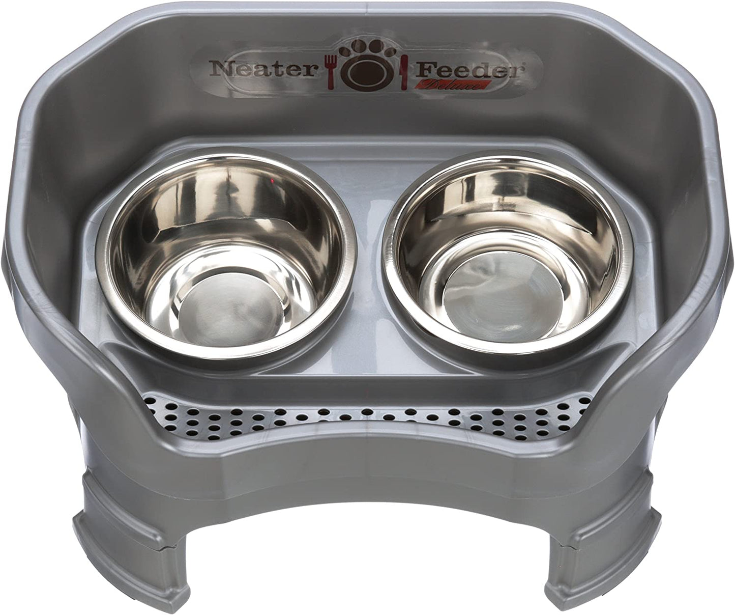 Neater Feeder Deluxe with Leg Extensions for Medium Dogs - Mess Proof Pet Feeder with Stainless Steel Food & Water Bowls - Drip Proof, Non-Tip, and Non-Slip - Gunmetal Grey